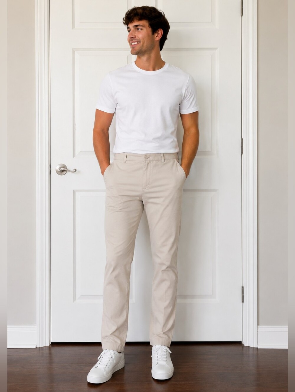 New Van Heusen Men 33x32 Slim Fit Flat Front Khaki Beige Chino Dress Pants Offic